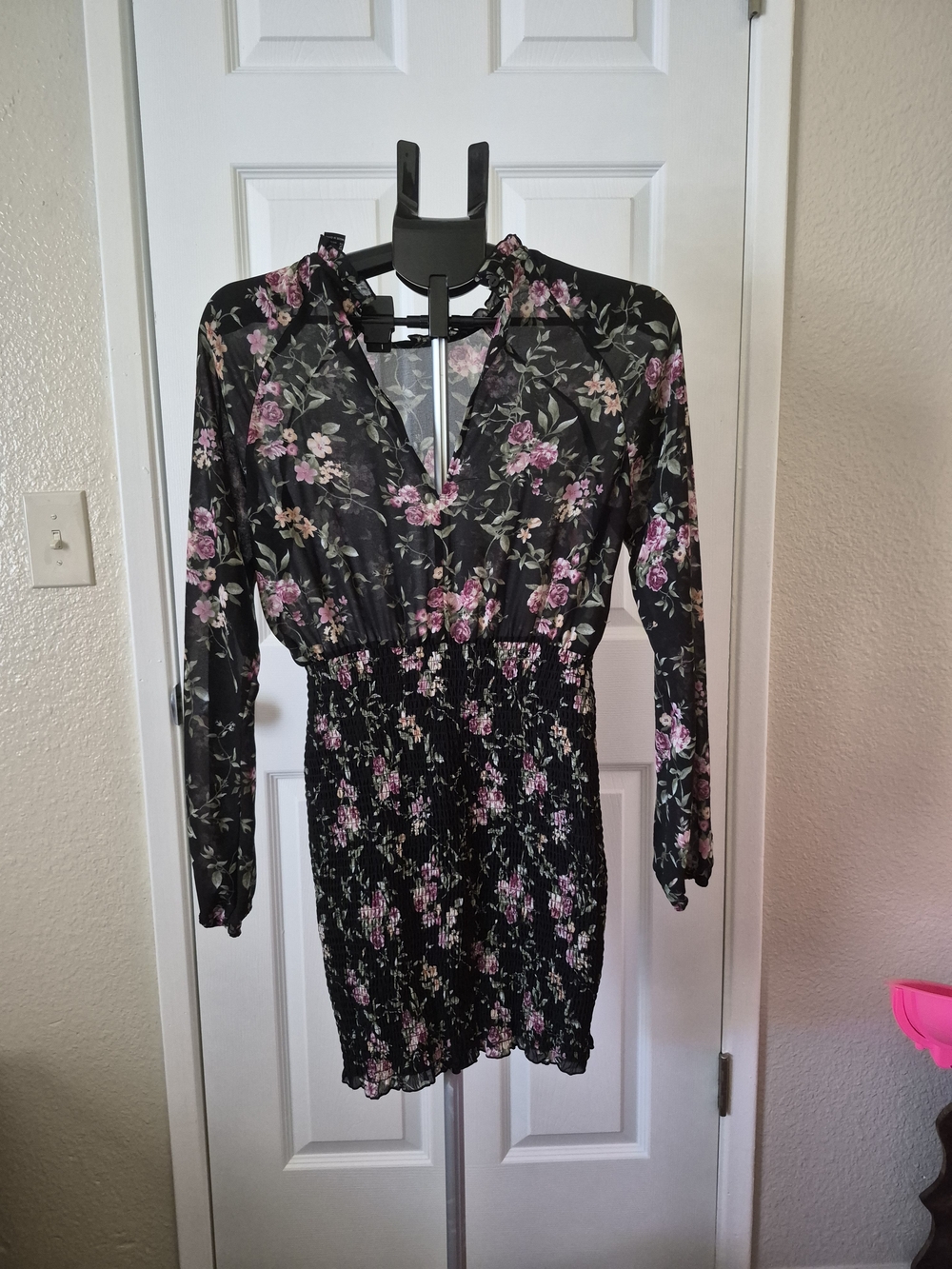 Black Floral Long-Sleeve Smocked Waist Dress